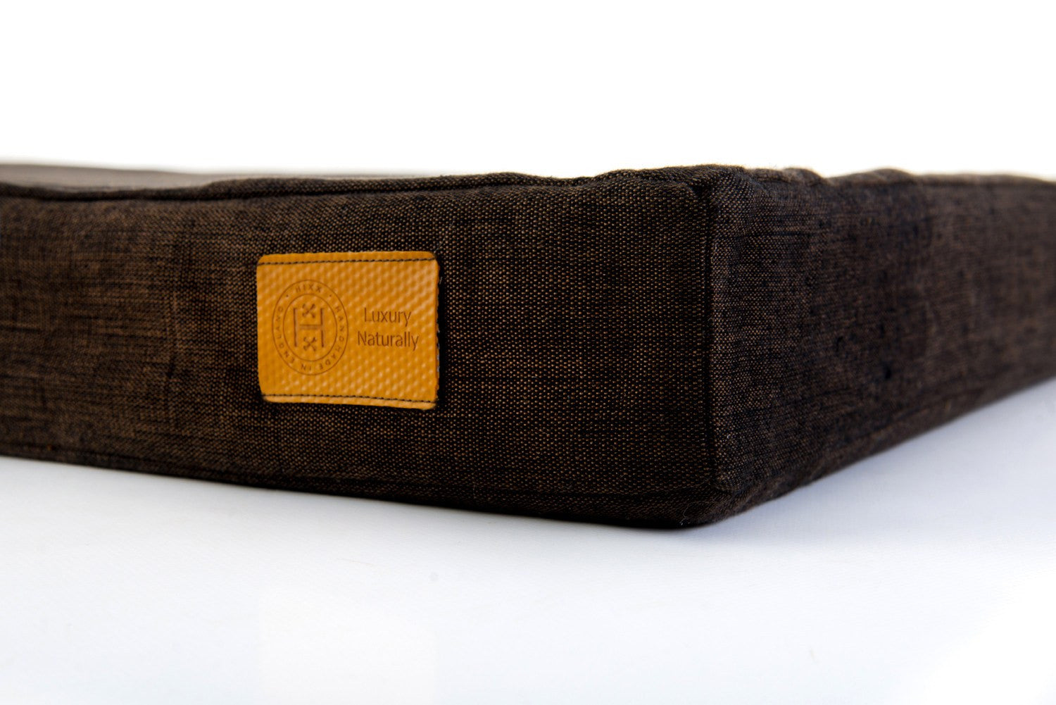 Detail of British made organic brown cotton Wild Rover natural dog bed from Hixx.
