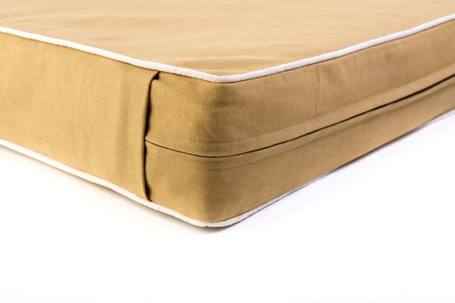 Back detail of Classic dog bed in sand and cream cotton bull denim.