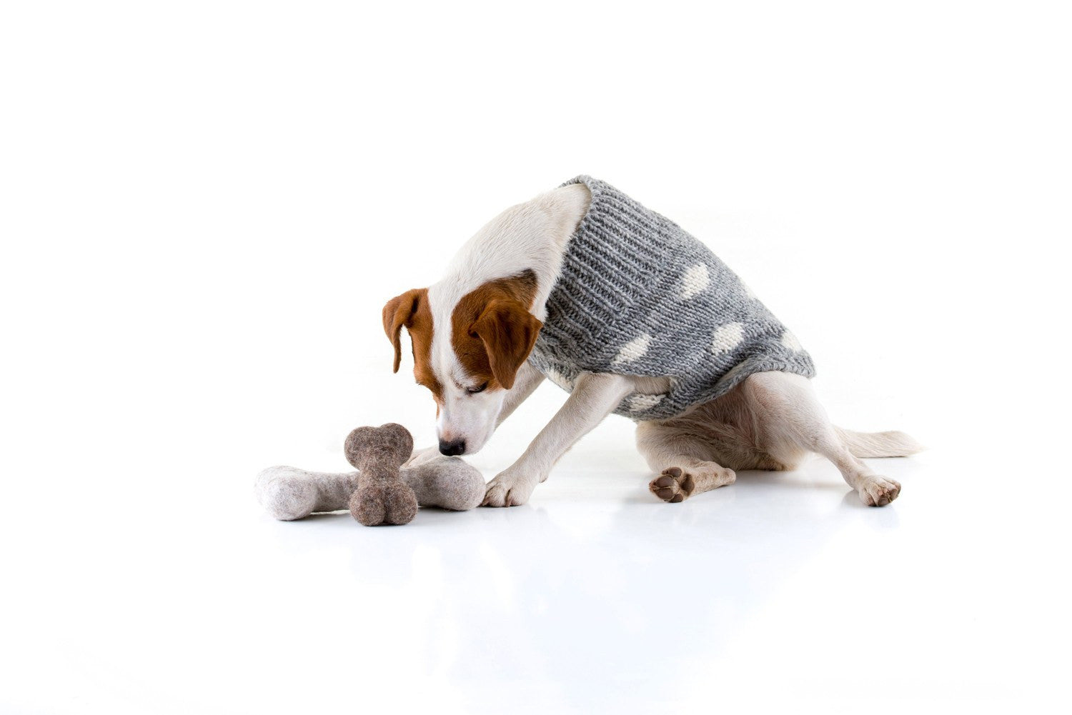 Jack Russell with natural grey and brown felted wool bones.