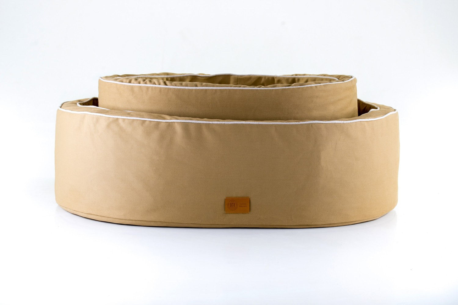 Sand and cream bull denim cotton natural Nest dog bed from Hixx. Made in Britain.